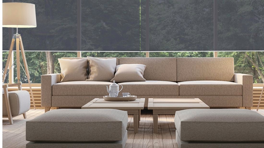 Modern living room with a semi-transparent window blind