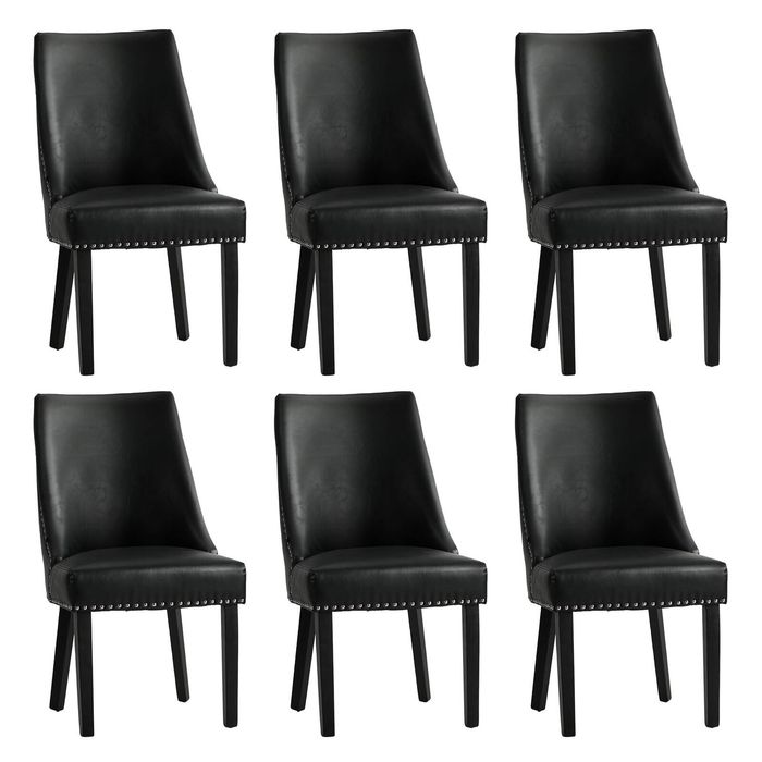 Oikiture 6PCs PU Leather Dining Chair Kitchen Padded Seat Winglet Design Black