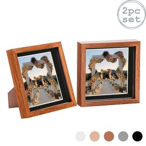 Nicola Spring Acrylic 3D Box Photo Frames with 6" x 6" Mounts - 8" x 8"  - Dark Wood - Pack of 2