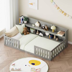 Advwin Kids Bed Frame with bookcase Wood Montessori Toddler Floor Bed with Safety Guardrail for Bedroom Nursery Grey