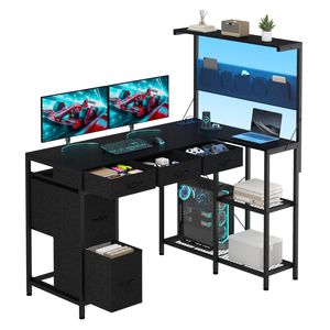 Ufurniture 120 cm L Shaped Computer Desk with Reversible Storage Bookshelf and 5 Drawers Black
