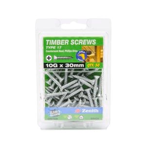 Zenith 10G x 30mm Galvanised Type 17 Countersunk Head Timber Screws - 50 Pack