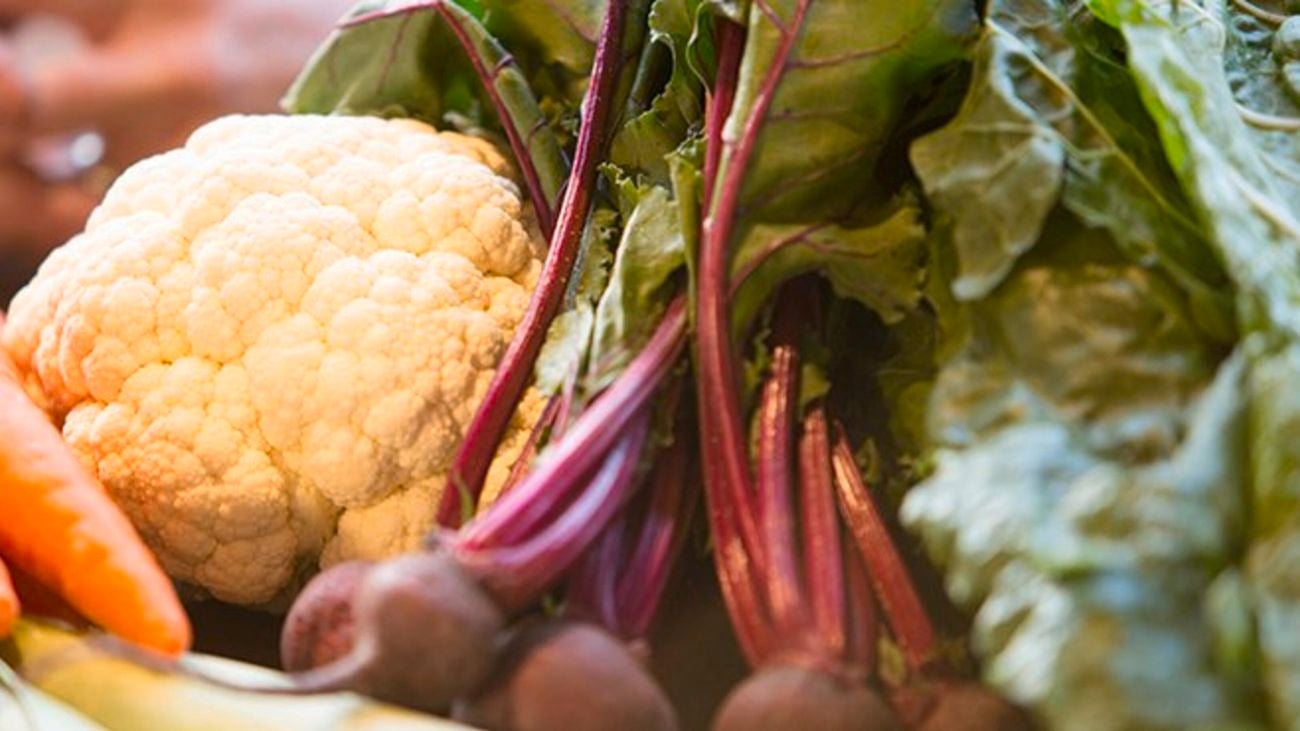 Harvested vegetables, including cauliflower, beetroot and carrots.