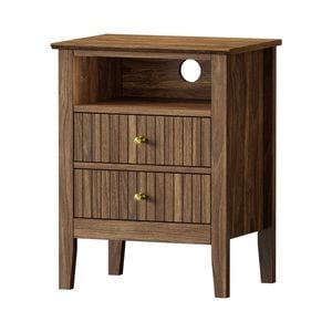 Oikiture Bedside Table Nightstand 2 Drawer with Shelf Walnut