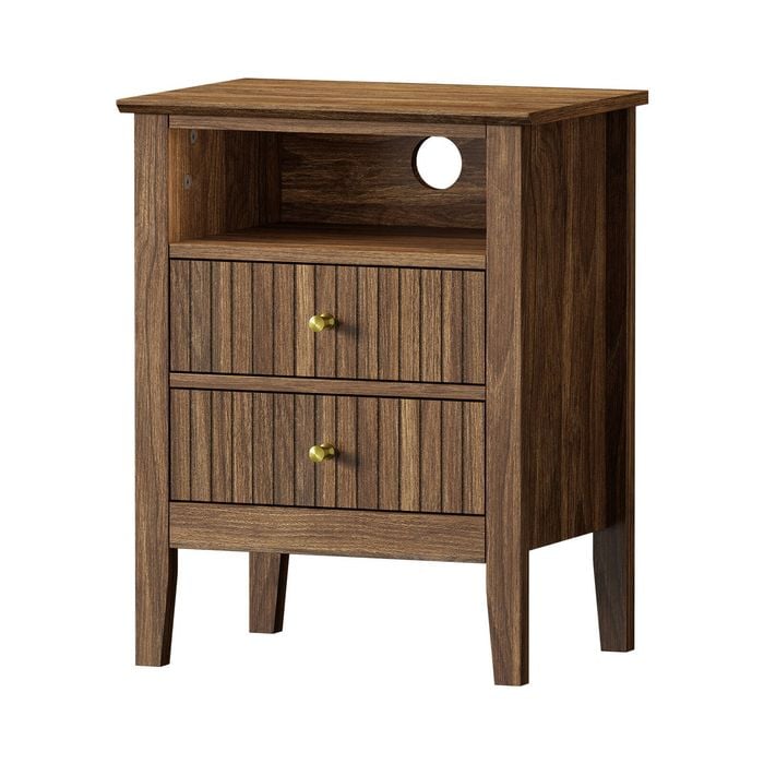 Oikiture Bedside Table Nightstand 2 Drawer with Shelf Walnut