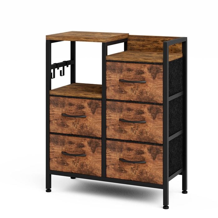 Ufurniture 5 Drawers Dresser with Open Shelf Storage Side Hooks & Adjustable Feet Rustic Brown