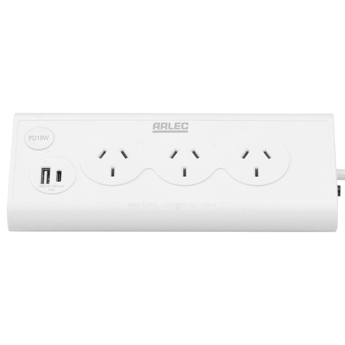 Arlec 3 Outlet Triangular Powerboard With PD18W Fast Charging USBs