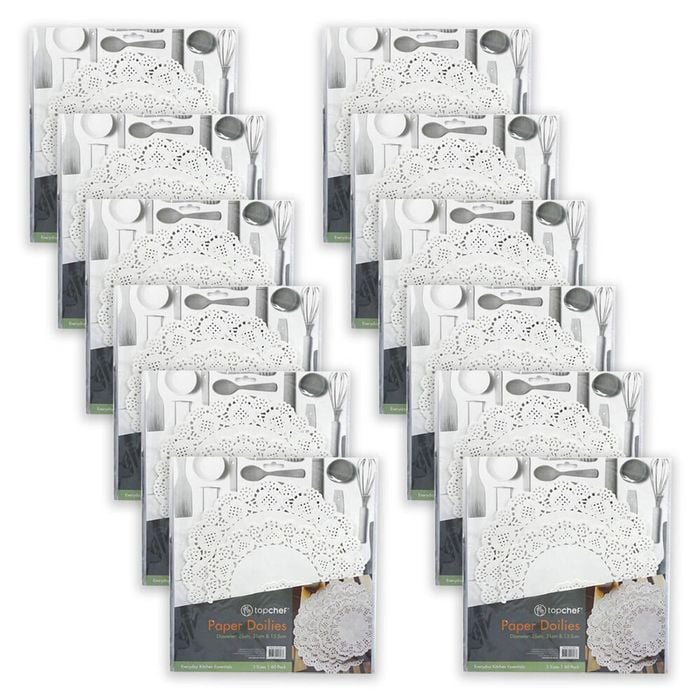 12x 60pc Topchef Multi-Size Round Paper Lace Doilies Pack White Assorted