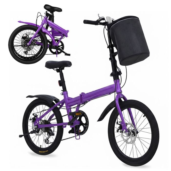 Advwin 20" Folding Bicycle With Shimano 6-speed, Front & Rear Reflectors & Basket & Bell, Dual Brake System For City Commuting