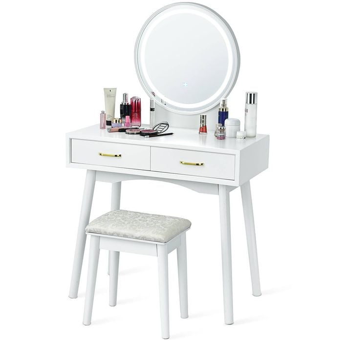 Costway Round Mirror Dressing Table Set W/adjustable Lights