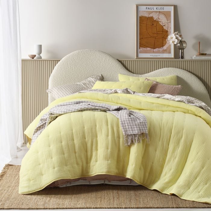 Vintage Design Homewares King Light Yellow Hugo Butter Cotton Gauze Quilted Coverlet Set