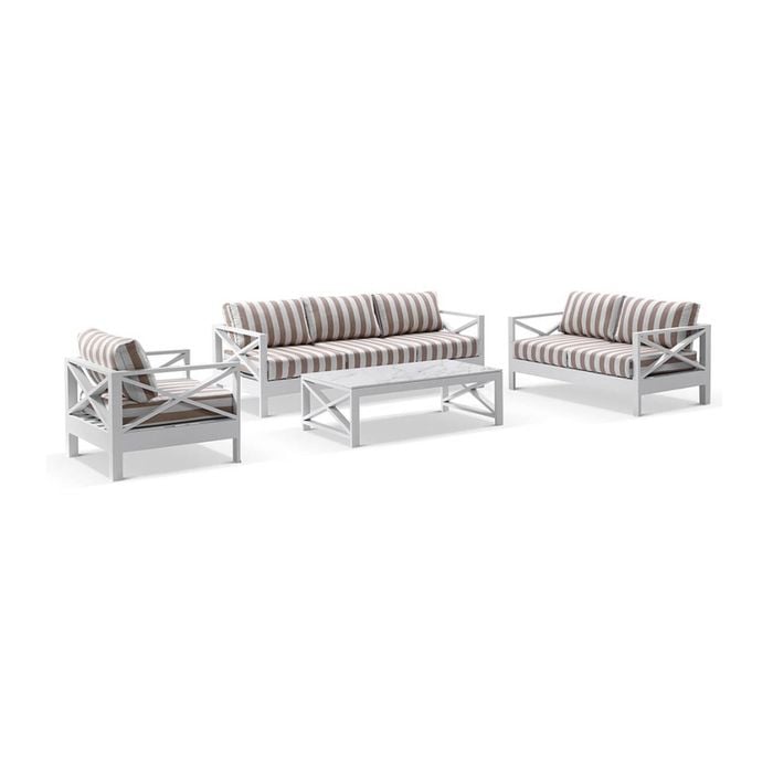 Kansas 3+2+1 Seater Outdoor Aluminium Lounge Set With Coffee Table In Sunbrella & Maxim Heather Beige Cushions