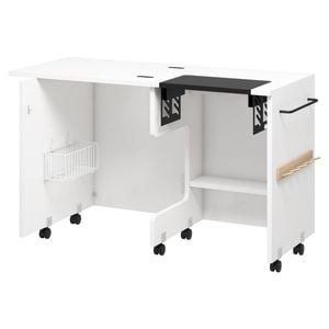 Ufurniture Folding Sewing Machine Table With Adjustable Platform & Lockable Wheels Storage Bin Shelf Pegs, White