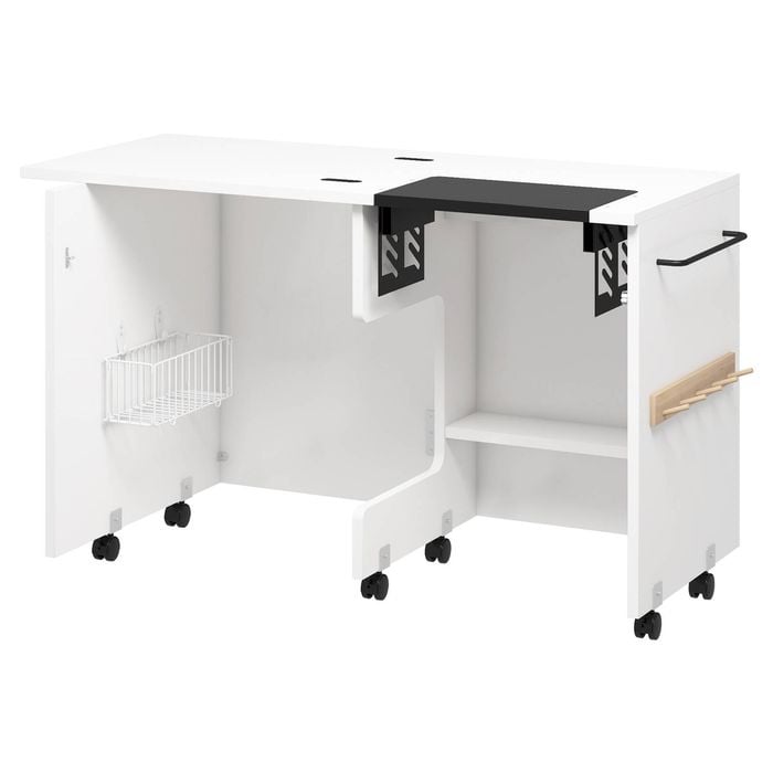 Ufurniture Folding Sewing Machine Table With Adjustable Platform & Lockable Wheels Storage Bin Shelf Pegs, White