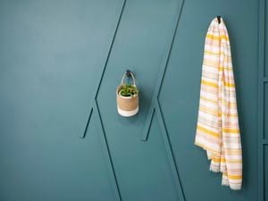 A towel and a plant hanging from hooks in a blue wall