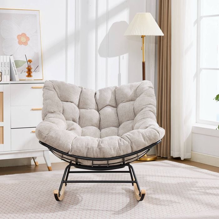 Homfurn Mid-century Modern Rocking Lounge Chair, Oversized Tufted Padded Single Rocker Chair, Grey
