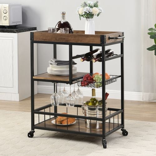 IHOMDEC 3 Tier Bar Cart Trolley with Glass Wine Holder Rustic Brown Bunnings Australia