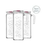 LAV 3 Piece Bloom Decorated Water Jug Set - Glass Serving Carafe with Lid and Handle - 1.2L