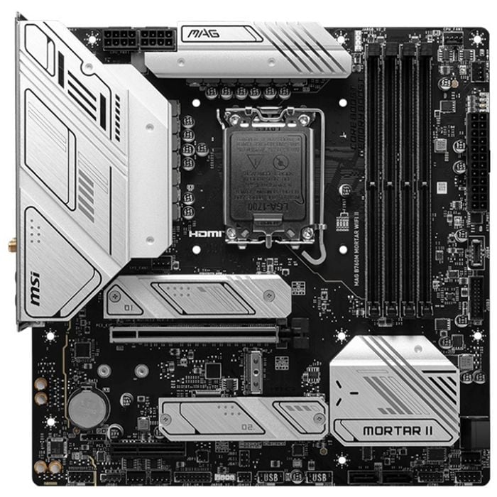 MSI PRO B760M MORTAR WIFI II mATX Motherboard, 4x DDR5~192GB, 2x PCI-E x 16, 1x PCI-E x 1, 2x M.2, 4x SATA, 2x USB 3.2 , 4x USB