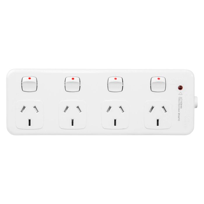 HPM White 4 Outlet Switched Powerboard With Surge Protection