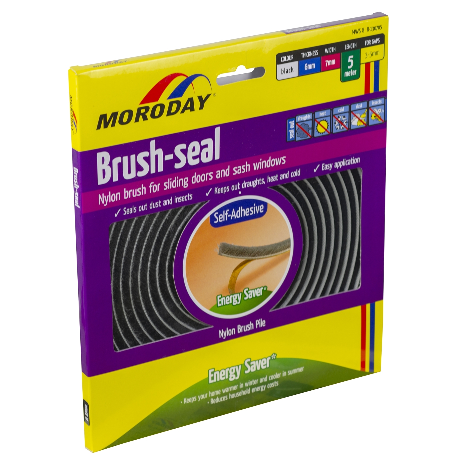 Moroday 6 x 7mm x 5m Black MWS8 Self-Adhesive Brush Seal