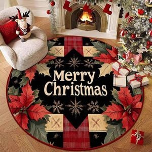 CottonMore Christmas Round Area Rug Festive Poinsettia & Plaid Holiday Floor Mat 120cm