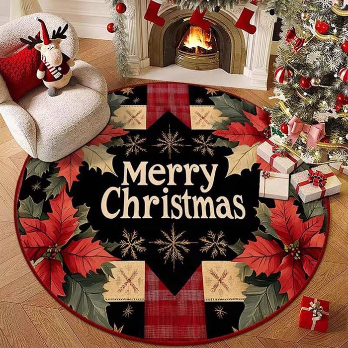CottonMore Christmas Round Area Rug Festive Poinsettia & Plaid Holiday Floor Mat 120cm