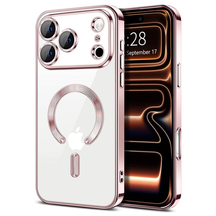 For Apple iPhone 18 Pro /17 Pro MagSafe Magnetic Case with HaloLock Shockproof Protective Electroplating Clear Cover (Rose Gold)