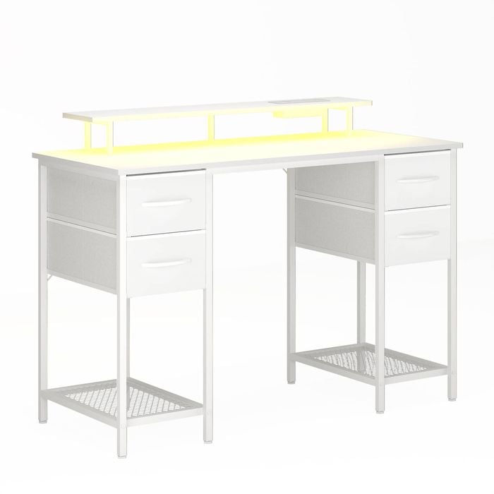 Advwin 120cm Computer Gaming Desk with LED Lights Power Outlets White
