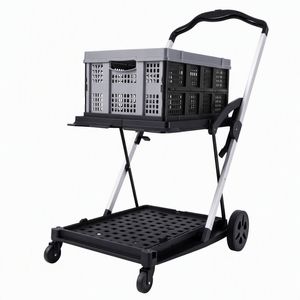 Artiss Shopping Trolley with Wheels 2 Layer with 1 Crate Foldable Trolley Cart for Groceries Grey