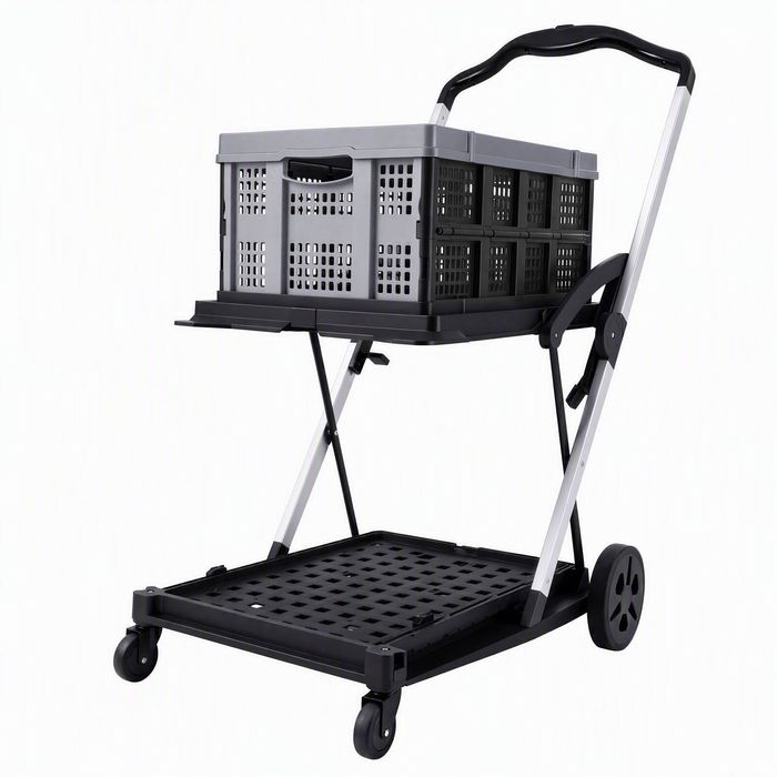 Artiss Shopping Trolley with Wheels 2 Layer with 1 Crate Foldable Trolley Cart for Groceries Grey