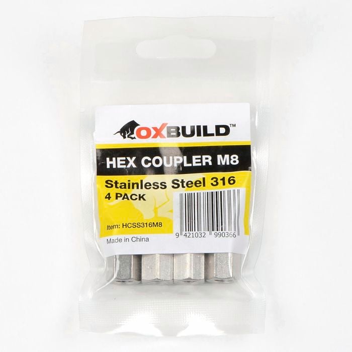 Oxbuild M8 316 Stainless Steel Hex Coupler - 4 Pack