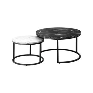 Oikiture Set of 2 Coffee Table Round Marble-like Nesting Side Tables Black White