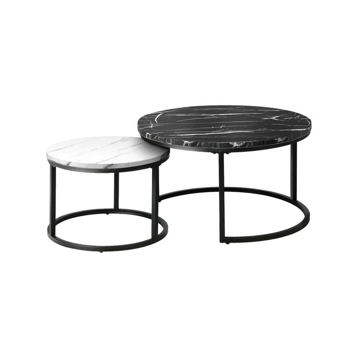 Oikiture Set of 2 Coffee Table Round Marble-like Nesting Side Tables Black White
