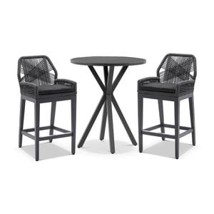 Houston Outdoor 90cm Round Aluminium Bar Table Charcoal With 2 Hugo Stools & Carbon Grey/denim Grey Cushions