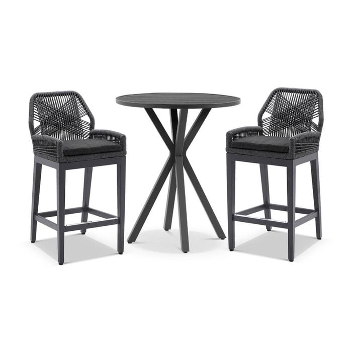 Houston Outdoor 90cm Round Aluminium Bar Table Charcoal With 2 Hugo Stools & Carbon Grey/denim Grey Cushions