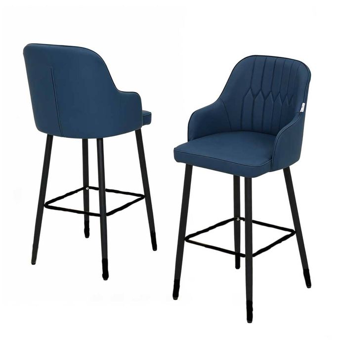 Familand Faux Leather Bar Stools Set Of 2 Navy Upholstered Barstools With Backrest Footrest