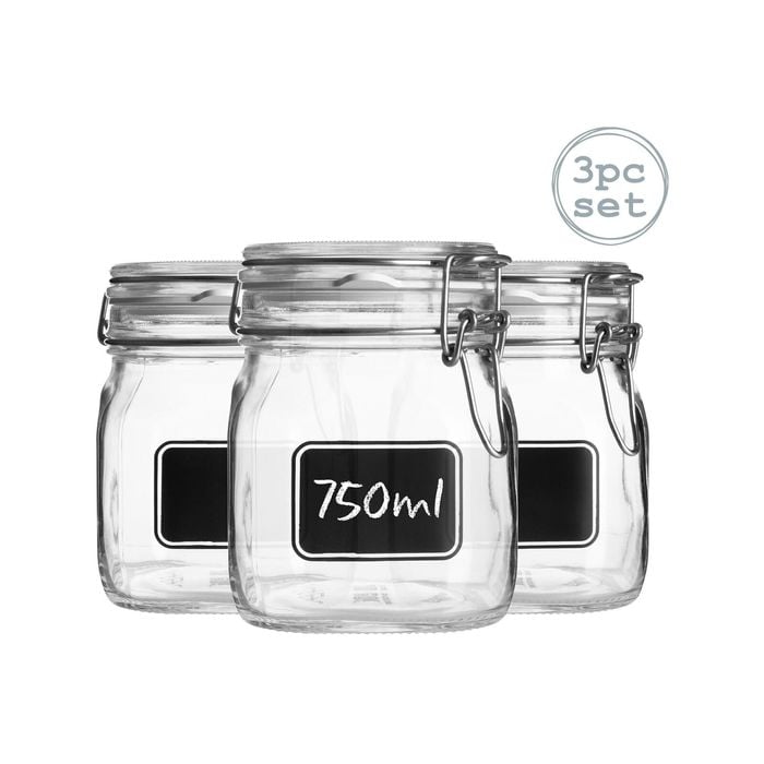 Bormioli Rocco 3pc Lavagna Glass Storage Jar Set with Chalkboard Labels - Food Pasta Jam Preserving Jars - 750ml