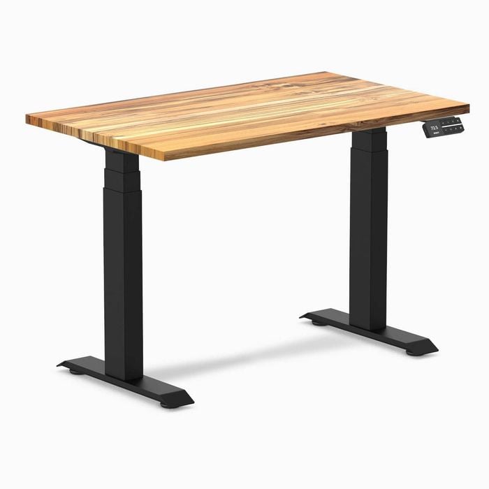 Desky Dual Mini Teak Hardwood Sit To Stand Desk 1000x600mm Matte Black Frame