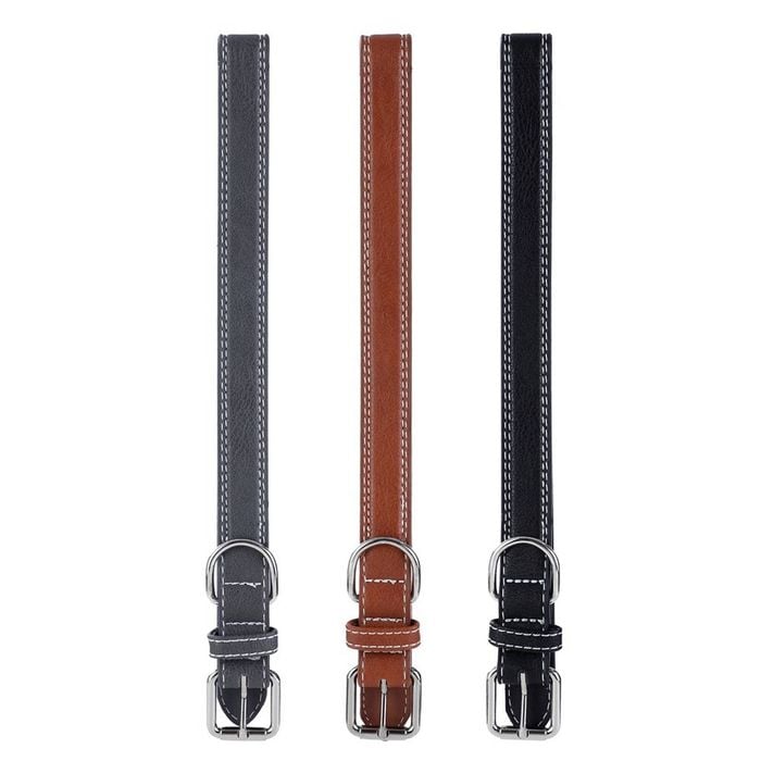 3PK Paws & Claws 45-65cm Leather Look Padded Dog Collar w/ Stitch Large - Assorted