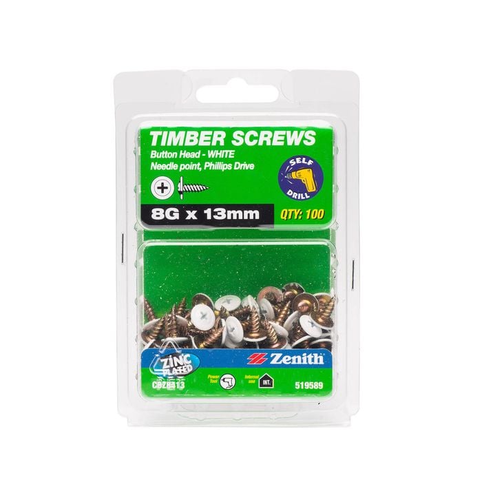 Zenith 8G x 13mm White Button Head Screw - 100 Pack