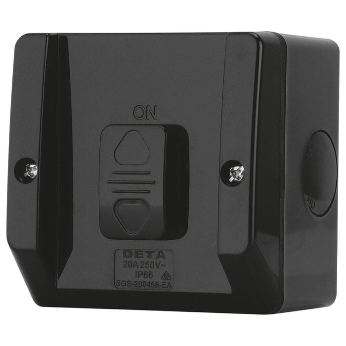 Deta 250V 20 Amp Matte Black IP66 Weatherproof Outdoor Single Switch
