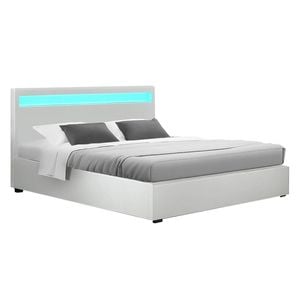 HOMFURN Double Size LED Gas Lift Bed Frame in White