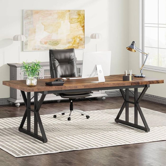 Oakory 180cm Home Office Desk With Rustic Brown Top And Black X Frame