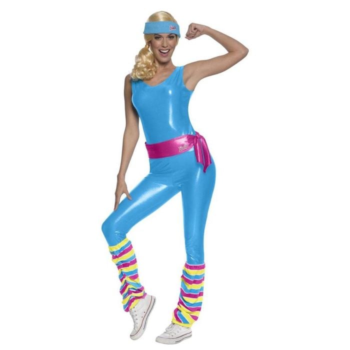 Barbie Exercise Halloween Costume Adult Official Licensed Bodysuit with Belt Leg Warmers Headband, Medium