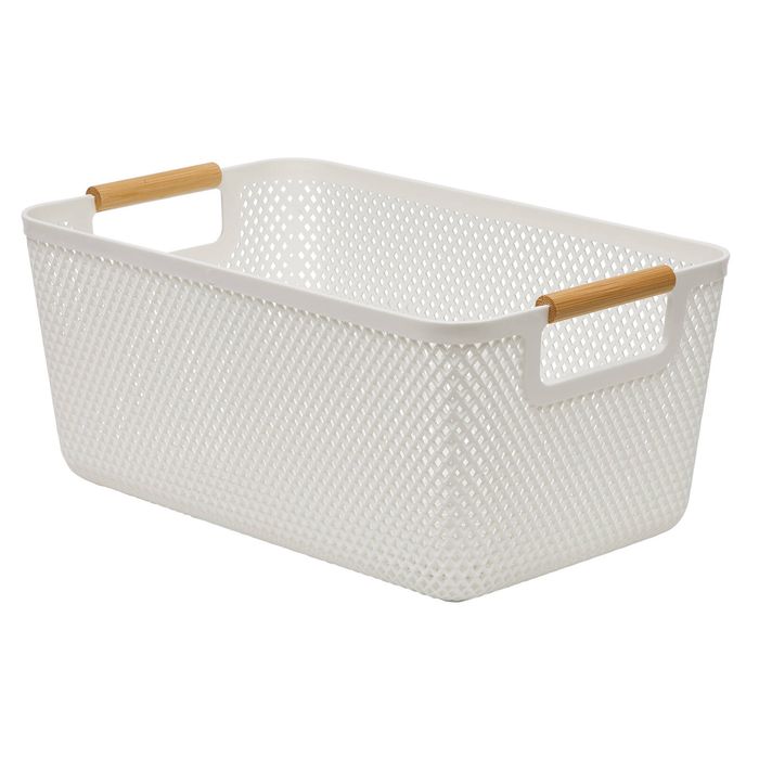 Stakt 9L White Mesh Storage Basket With Bamboo Handles