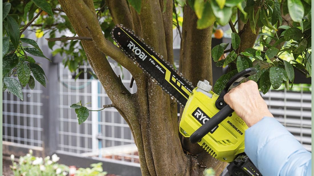 Ryobi cordless chainsaw cutting branches of tree