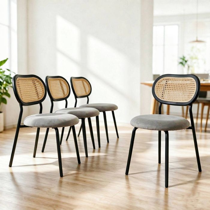 Bribrion Boho Rattan Dining Chairs Set Of 4 Grey Velvet