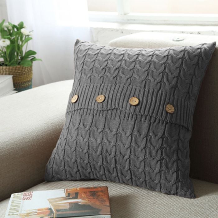 CottonMore Home Decor Knitted Cushion Cover Twisted stripes w buttons Grey 45x45cm