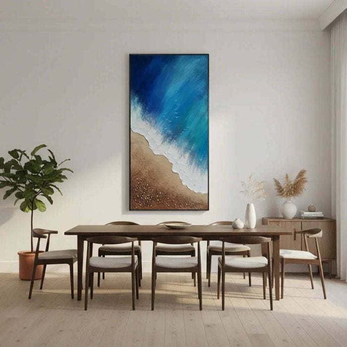 Cerulean Shore: Hand-painted Coastal Abstract Oil Painting (60x120cm)